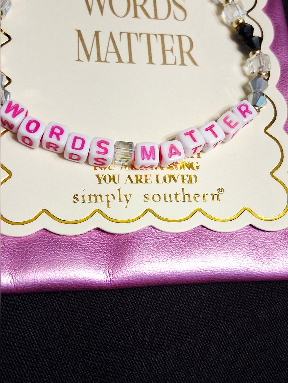 Simply Southern Pink and White "Words Matter" Beaded Bracelet W/ Pouch NEW!